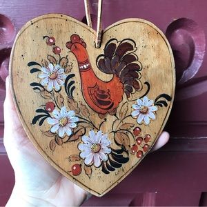 Vintage Folk Art Wood Heart Rooster Hand Painted